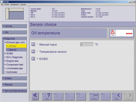 Oil Temp selection screen